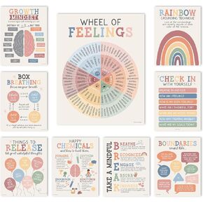 9 Mental Health Posters For Classroom - 11x14" School Counselor Office Decor, Power of Yet & Growth Mindset Poster, School Counseling Posters Elementary - Boho Muted Classroom Decor