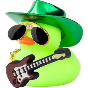 Wonuu Car Decorations Laser Cowboy Hat Ducks Rubber Rubber ، Dashboard Rubber Ducky لزخرفة السيارة اللطيفة مع القبعة ، النظارات ، القلادة ، الغيتار (بريق أرجواني)