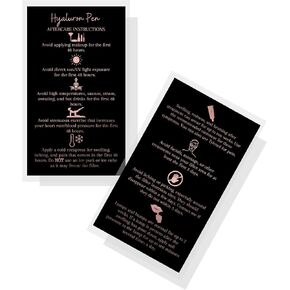 Hyaluron Pen Filler Aftercare Card | 50 حزمة | Physical Printed 2 × 3.5 بوصة حجم بطاقة العمل | الأسود مع تصميم بريق الذهب الوردي