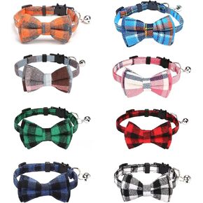 BRT Bearingshui Cat Collars Breakaway with Bow Bell, 8 Pack Kitten Collar Plaid Cat Collar, Adjustable Cute Plaid Safety Kitty Collars for Birthday Pet Party Supplies
