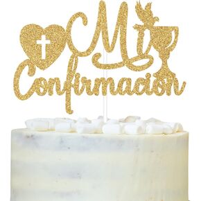 Mi Inventionacion Cake Topper ، First Holy Commuion ، Mi Primera Comunion ، استحمام الطفل المعمودية على ديكورات حفل التعميد الخاصة بك للأطفال ، بريق الذهب