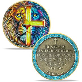 Christian Challenge Coin - Colorful The Lion of Judah Coin - Joshua 1:9 Religious Faith Token- Inspirational Be Strong and Courageous Coin - Good Luck Religious Commemorative Gifts