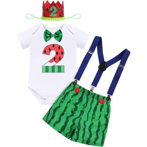 IMEKIS Toddler Baby Boys Melon 1st 2nd Birthday Cake Smash Outfit Romper + Shorts Bloomers + Suspenders Photo Shoot Clothes