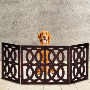 Bundaloo Freestanding Dog Gate Expandable Decorative Wooden Fence for Small to Medium Pet Dogs, Barrier for Stairs, Doorways, & Hallways (Wagon Wheel)
