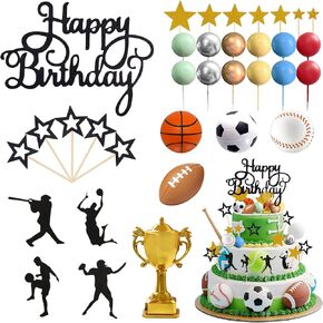 KNANA 34PCS Cake Cake Toppers مع كرة القدم لكرة السلة لكرة القدم للبيسبول لزخارف حفلة عيد ميلاد الرياضة الرياضية