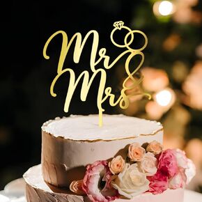 MR & MRS Cake Cake Topper in Golden Acrylic (Design 03)