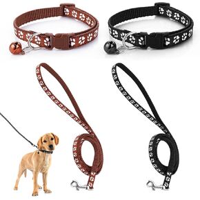 2Pcs Dog Collar, Small Medium Dog Puppy Pet Collar Sets with Safety Buckle Design Nylon Adjustable Durable Pet Collars with Bell and 120cm Leash (Black, Coffee)