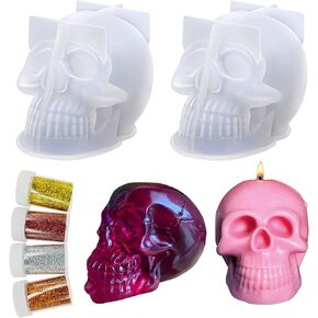 قوالب راتنجات جمجمة Cayway ، 2 PCS 3D Skull Candle Moulds مع الترتر لحفلات الهالوين ، وصنع العطرية ، والشموع ، والراتنج ، والصابون ، وبار المستحضر ، والطين