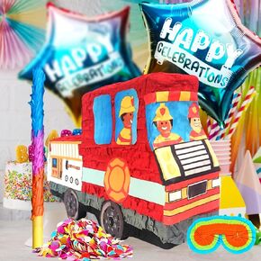 حزمة Fire Truck Pinatas مجموعة كاملة مع عظمى العينين ، الخفافيش ، حلويات و 2 كرات ، مثالية لزخارف حفل عيد ميلاد الصبي ومفضلات الحفلات تحت عنوان Fire ، Pinatas