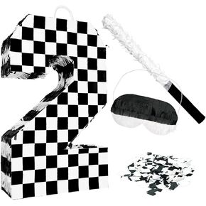 Checkered Number 2 Pinata with Stick and Blindfold Black and White Race Car Pinata for Kids 2nd Birthday Anniversary Racing Car Party Supplies