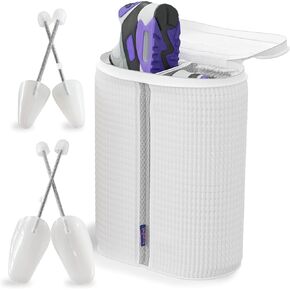 Shoe Washing Machine Bag - Unbloo Shoe Bag for Washing with Adjustable Shoe Trees, Laundry Shoe Bag for 2 Shoes, Fluffy Fiber, Wrap-around Cleaning, Olive-shaped Design, Durable Zipper，White
