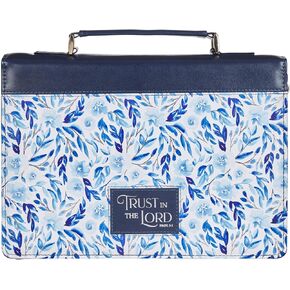 Christian Art Gifts Fashion Premium Vegan Leather Inspirational Bible Cover for Women: Trust in The Lord Silver Encouraging Scripture, Pen Loops, Pockets, Easy Carry, Navy Blue & White Floral, XL