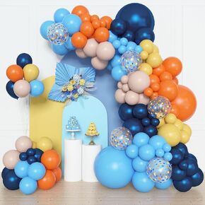 Amandir 153pcs الأزرق البرتقالي البالون جارلاند جارلاند أكياس ، أحجام مختلفة 18 12 10 5 5 بوصة البحرية الأزرق الأصفر اللاتكس البالونات الحلويات للفتاة بويز