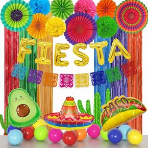 ديكورات الحفلات المكسيكية فييستا ، ديكور سيينو دي مايو مع مشجعي POMPOMS Papel Picado Fiesta Banner Taco Avocado Sombrero Foil Balloons Fringe Stain for Carnival Festival Birthday Supplies