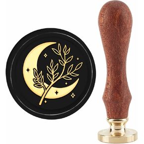 Craspire Moon with Leaf Wax Seal Stamp 30mm قابلة للإزالة من النحاس الخشب الخشب مقبض مقبض زفاف مغلف أوراق نباتات نقش ختم لبطاقات المعايدة القصاصة الدعوات الهدية