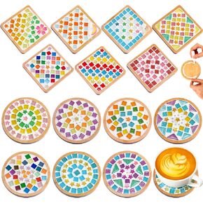 بلاط الفسيفساء الزجاجي DIY للحرف اليدوية ، مجموعات فسيفساء ملونة مختلطة مع طقم DIY Coaster الخشبي للهدايا المنزلية المصنوعة يدويًا (الطراز الطازج ، 8 مجموعات)