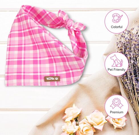 Tunkoo Dog Bandana Super Cute Pink Plaid Cotton Dog Scarf - Durable and Stylish Adjustable for Girl Small and Large Square Puppy Kerchief, S in Kuwait