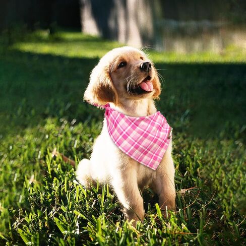 Tunkoo Dog Bandana Super Cute Pink Plaid Cotton Dog Scarf - Durable and Stylish Adjustable for Girl Small and Large Square Puppy Kerchief, S in Kuwait