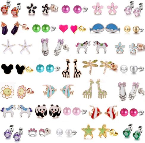 33-Pair Colorful Enamel Earring Set- Cute Stud Earrings for Girls,Adorable & Hypoallergenic Earrings for Sensitivity-Free With Stainless Steel Post in Kuwait