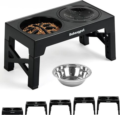 2-in-1 Elevated Slow Feeder Dog Bowls with Dog Water Bowl No Spill, 5 Height Adjustable Raised Dog Bowl Stand, Non-Slip Dog Food and Water Bowl for Small Medium Large Dogs and Cats(Black) in Kuwait