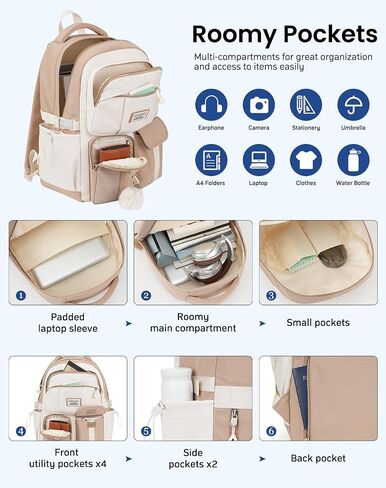 School Backpack for Teen Girls, 15.6in Laptop Bag Cute Bookbag Aesthetic for Middle School Big Student College Women Mochilas Escolares Niñas (Khaki Beige) in Kuwait