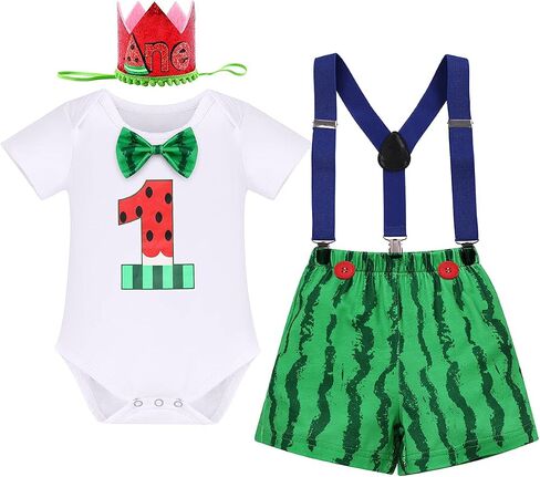 IMEKIS Toddler Baby Boys Melon 1st 2nd Birthday Cake Smash Outfit Romper + Shorts Bloomers + Suspenders Photo Shoot Clothes in Saudi Arabia