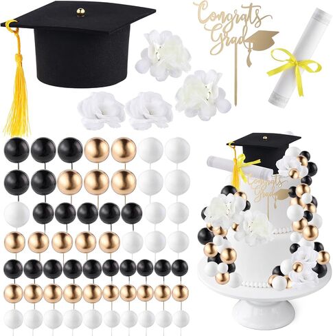 72 Pcs Graduation Cake Kit Small Graduation Cap and Diploma Cake Topper Balls Congrats Grad Flowers Cupcake Class of 2025 Themed Grad Party Decorations for University College High School (Black) in Saudi Arabia