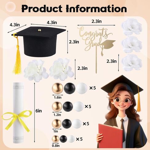 72 Pcs Graduation Cake Kit Small Graduation Cap and Diploma Cake Topper Balls Congrats Grad Flowers Cupcake Class of 2025 Themed Grad Party Decorations for University College High School (Black) in Saudi Arabia