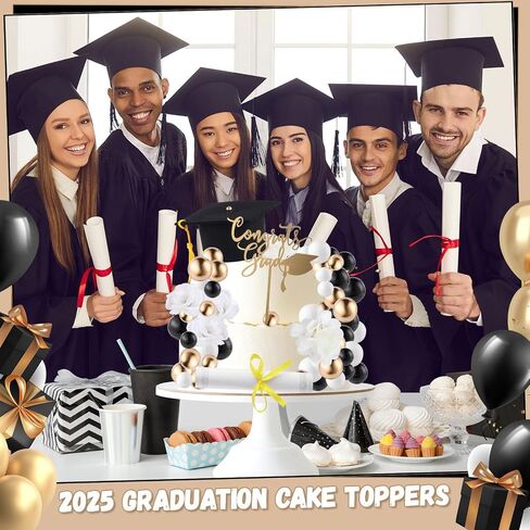 72 Pcs Graduation Cake Kit Small Graduation Cap and Diploma Cake Topper Balls Congrats Grad Flowers Cupcake Class of 2025 Themed Grad Party Decorations for University College High School (Black) in Saudi Arabia