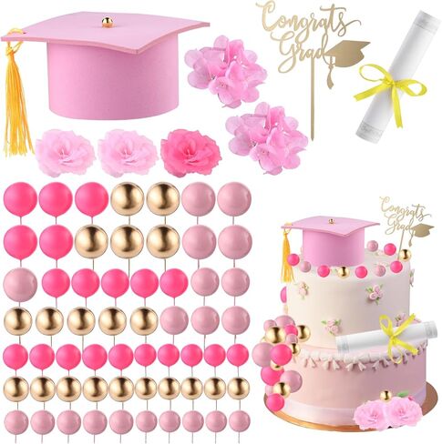 72 Pcs Graduation Cake Kit Small Graduation Cap and Diploma Cake Topper Balls Congrats Grad Flowers Cupcake Class of 2025 Themed Grad Party Decorations for University College High School (Black) in Saudi Arabia