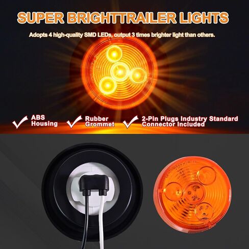 10x Amber 2" Round Sealed Led Clearance Marker Light 9LED [DOT Approved], Reflective 2 Inch Round Trailer Led Side Marker Lights Lamps Kit Flush Mount with Grommet&Wire Pigtails in Saudi Arabia