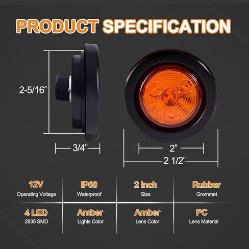 10x Amber 2" Round Sealed Led Clearance Marker Light 9LED [DOT Approved], Reflective 2 Inch Round Trailer Led Side Marker Lights Lamps Kit Flush Mount with Grommet&Wire Pigtails in Saudi Arabia