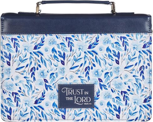 Christian Art Gifts Fashion Premium Vegan Leather Inspirational Bible Cover for Women: Trust in The Lord Silver Encouraging Scripture, Pen Loops, Pockets, Easy Carry, Navy Blue & White Floral, XL in Kuwait