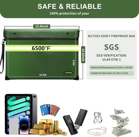 Upgraded Fireproof Money Bag, 10 Layers of Heat Insulated Materials, 6500F Fireproof, Waterproof Zipper, Reflective Strip, Document Bag with Handle for Cash, Important Documents in Saudi Arabia