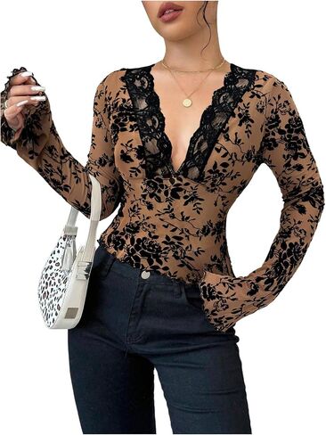 MakeMeChic Women's Y2K Lace Long Sleeve Top Deep V Neck Floral Mesh Crop Tee Tops in Saudi Arabia