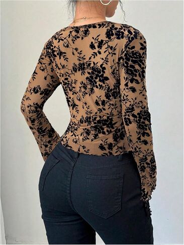 MakeMeChic Women's Y2K Lace Long Sleeve Top Deep V Neck Floral Mesh Crop Tee Tops in Saudi Arabia