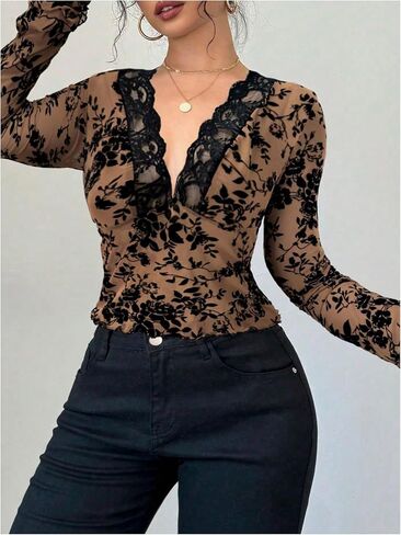 MakeMeChic Women's Y2K Lace Long Sleeve Top Deep V Neck Floral Mesh Crop Tee Tops in Saudi Arabia
