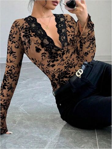 MakeMeChic Women's Y2K Lace Long Sleeve Top Deep V Neck Floral Mesh Crop Tee Tops in Saudi Arabia