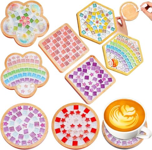 DIY Glass Mosaic Tiles for Crafts, Mixed Color Mosaic Kits with Wooden Coaster Adults DIY Kit for Coaster Handmade Home Gifts(Fresh Style,8 Sets) in Saudi Arabia