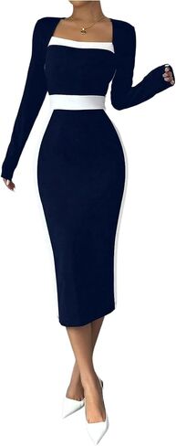 SOLY HUX Women's Midi Dress Color Block Square Neck Long Sleeve Bodycon Dresses in Saudi Arabia