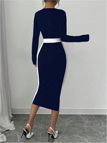 SOLY HUX Women's Midi Dress Color Block Square Neck Long Sleeve Bodycon Dresses in Saudi Arabia