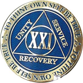 RecoveryChip 21 Year AA Medallion Dusty Blue Color Gold Plated XXI