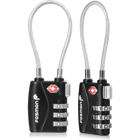Fosmon TSA Approved Cable Locks for Luggage, Suitcase, Gun Case Locks with Push Release Button, 3 Digit Long Shackle Combination Wire Locks for Backpack Zipper Anti Theft, Gym Locker -2 Pack, Black
