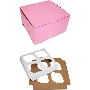 Made in USA 7" X 7" X 4" Recycled Pink Kraft Boxes for 4 Cupcakes & Inserts (Pack of 10 – Front Loading)