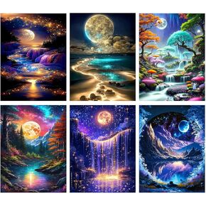 Canrichshop 6 Packs Diamond Art Painting Kits for Adults,Beach Moon Diamond Painting Kits for Beginners,Landscape 5D Full Drill Diamond Dots,Gem Art Crafts for Adults Wall Decor 12x16inch