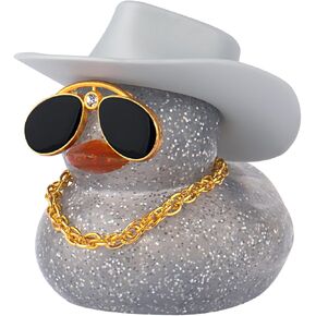 Wonuu Car Rubber Duck ، Dashboard Decorations Colorful Sparkly Cowboy Hat Ducks لإكسسوارات زخرفة السيارات مع قبعة ، ونظارات الماس ، قلادة ، رمادي فوار
