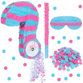 Poen 17 بوصة استفهام علامة Piñata بين الجنسين الكشف عن سلسلة سحب piñata مع عصا العصا معصوب العينين واللحقة الأزرق الوردي الكشف عن ديكورات لصبي أو فتاة استحمام الطفل لوازم حفلة