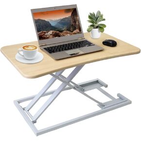 Adjustable Standing Desk Converter 29 Inch Slim Riser, Compact Sit Stand Desktop Workstation Mini for Single Monitor Laptop Tabletop Home Office (White Wood)