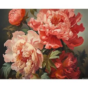 QACEYID Peonies Paint by Number Kit, Floral Painting by Numbers Adult Set, Colourful Wall Kitchen Decor Still Life Picture DIY Gift, 40x50cm