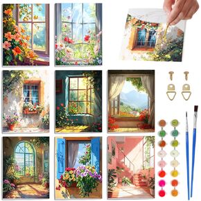 Skryuie 8 Pack Art Boards مجموعة الطلاء بأرقام أرقام للبالغين مشهد ، لوحة زيت Mountain Mountain Canvas للطلاء للمبتدئين للحصول على ديكور المنزل 7.87x9.84 بوصة / 20x25 سم